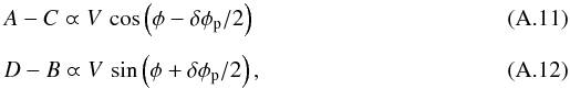 \appendix \setcounter{section}{1} \begin{eqnarray} && A - C \varpropto V\,\cos \left(\phi-\dphi_{\rm p}/2\right) \\[1.5mm] && D - B \varpropto V\,\sin \left(\phi +\dphi_{\rm p}/2\right) , \end{eqnarray}