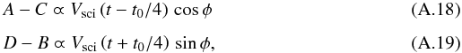 \appendix \setcounter{section}{1} \begin{eqnarray} &&A-C \varpropto V_{\rm sci}\left(t-t_0/4\right) \, \cos \phi \\[1.5mm] &&D-B \varpropto V_{\rm sci}\left(t+t_0/4\right) \, \sin \phi , \end{eqnarray}