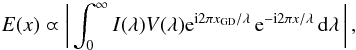 \appendix \setcounter{section}{2} \begin{equation} E(x) \varpropto \left|\, \int_0^{\infty} I(\lambda) V(\lambda) {\rm e}^{{\rm i} 2 \pi x_{\rm GD} /\lambda}\, {\rm e}^{-{\rm i} 2 \pi x /\lambda} \,{\rm d}\lambda \,\right| , \end{equation}