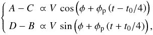\begin{equation} \left\{ \begin{array}{ll} A-C &\varpropto V\,\cos\left(\phi + \phi_{\rm p}\left(t - t_0/4\right)\right) \\[1.5mm] D-B &\varpropto V\,\sin\left(\phi + \phi_{\rm p}\left(t + t_0/4\right)\right), \end{array} \right. \end{equation}