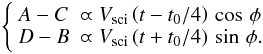 \begin{equation} \left\{ \begin{array}{ll} A-C &\varpropto V_{\rm sci}\left(t - t_0/4\right) \, \cos\,\phi \\ D-B &\varpropto V_{\rm sci}\left(t + t_0/4\right) \, \sin\,\phi . \end{array} \right. \end{equation}