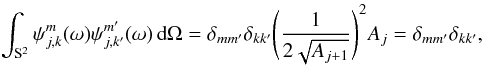 \begin{equation*} \int_\sphere \wav_{\scal,\locat}^\wavtype(\sa) \wav_{{\scal},{\locat^\prime}}^{\wavtype^\prime}(\sa) \dmun = \kron{\wavtype}{\wavtype^\prime} \kron{\locat}{\locat^\prime} \Biggl(\frac{1}{2\sqrt{\area_{\scal+1}}} \Biggr)^2 \area_\scal =\kron{\wavtype}{\wavtype^\prime} \kron{\locat}{\locat^\prime}, \end{equation*}