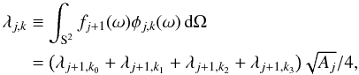 \begin{eqnarray} \acoeff_{\scal,\locat} &&\equiv \int_\sphere f_{\scal+1}(\sa) \scalefun_{\scal,\locat}(\sa) \dmun \nonumber \\ && = \bigl ( \acoeff_{\scal+1,\locat_0} + \acoeff_{\scal+1,\locat_1} + \acoeff_{\scal+1,\locat_2} + \acoeff_{\scal+1,\locat_3} \bigr ) \sqrt{\area_\scal}/4, \nonumber \end{eqnarray}