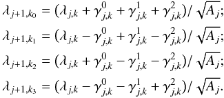 \begin{eqnarray*} && \acoeff_{\scal+1,\locat_0} = \bigl ( \acoeff_{\scal,\locat} + \dcoeff_{\scal,\locat}^0 + \dcoeff_{\scal,\locat}^1 + \dcoeff_{\scal,\locat}^2 \bigr ) / \sqrt{\area_\scal}; \\ && \acoeff_{\scal+1,\locat_1} = \bigl ( \acoeff_{\scal,\locat} - \dcoeff_{\scal,\locat}^0 + \dcoeff_{\scal,\locat}^1 - \dcoeff_{\scal,\locat}^2 \bigr ) / \sqrt{\area_\scal}; \\ && \acoeff_{\scal+1,\locat_2} = \bigl ( \acoeff_{\scal,\locat} + \dcoeff_{\scal,\locat}^0 - \dcoeff_{\scal,\locat}^1 - \dcoeff_{\scal,\locat}^2 \bigr ) / \sqrt{\area_\scal}; \\ && \acoeff_{\scal+1,\locat_3} = \bigl ( \acoeff_{\scal,\locat} - \dcoeff_{\scal,\locat}^0 - \dcoeff_{\scal,\locat}^1 + \dcoeff_{\scal,\locat}^2 \bigr ) / \sqrt{\area_\scal}. \end{eqnarray*}