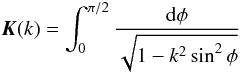\begin{equation} \elik(k)=\int_0^{\pi/2}{\frac{{\rm d}\phi}{\sqrt{1-k^2 \sin^2 \phi}}} \label{eq:elik} \end{equation}