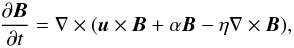 \begin{equation} \frac{\partial{\vec B}}{\partial t} = \nabla\times({\vec u}\times {\vec B}+\alpha{\vec B}-\eta\nabla\times{\vec B}), \label{dyneq} \end{equation}