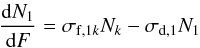 % subequation 4074 0 \begin{equation} \frac{{\rm d}N_1}{{\rm d}F}=\sigma_{{\rm f},1k}N_k-\sigma_{{\rm d},1}N_1 \label{e3} \end{equation}