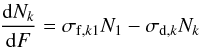 % subequation 4074 1 \begin{equation} \frac{{\rm d}N_k}{{\rm d}F}=\sigma_{{\rm f},k1}N_1-\sigma_{{\rm d},k}N_k \label{e4} \end{equation}