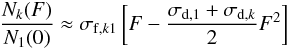 % subequation 4090 3 \begin{equation} \frac{N_k(F)}{N_1(0)}\approx\sigma_{{\rm f},k1}\left[F-\frac{\sigma_{{\rm d},1}+\sigma_{{\rm d},k}}{2}F^2\right] \label{e8} \end{equation}