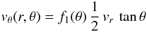 \begin{equation} v_\theta(r,\theta) = f_1(\theta)\,\frac{1}{2}\,v_r\,\tan\theta \end{equation}