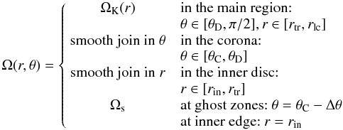 \begin{equation} \label{eq:omega} \Omega(r,\theta) = \left\{ \begin{array}{cll} \Omega_{\rm K}(r) & & \mbox{in the main region:}\\ & & \theta\in[\theta_{\rm D},\pi/2], r\in[r_{\rm tr}, r_{\rm lc}]\\%[1mm] % & \\ \mbox{smooth join in }\theta & & \mbox{in the corona:}\\ & & \theta\in[\theta_{\rm C}, \theta_{\rm D}]\\%[1mm] % & \\ \mbox{smooth join in }r & & \mbox{in the inner disc:}\\ & & r\in[r_{\rm in}, r_{\rm tr}]\\%[1mm] % & \\ \Omega_{\rm s} & & \mbox{at ghost zones: } \theta = \theta_{\rm C} - \Delta \theta\\ & & \mbox{at inner edge: } r = r_{\rm in} \end{array} \right. \end{equation}