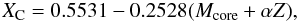 \begin{equation} X_{\rm C}=0.5531-0.2528(M_{\rm core}+\alpha Z), \label{eqxc} \end{equation}