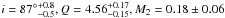 \hbox{$i=87\degr^{+0.8}_{-0.5}, Q = 4.56^{+0.17}_{-0.15}, M_2 = 0.18\pm0.06$}