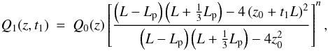 \begin{eqnarray} Q_1 (z,t_1) &=& Q_0(z) \left[ \frac{\left( L - \lp \right) \left( L + \frac{1}{3} \lp \right) - 4 \left( z_0 + t_1 L \right)^2}{\left( L - \lp \right) \left( L + \frac{1}{3} \lp \right) - 4 z_0^2} \right]^{n},\label{eq:fit} \end{eqnarray}