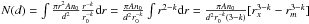 \hbox{$\Nd = \int{ \frac{\pi r^2 A n_0 }{d^2} \frac{r^{-k}}{r_{0}^{-k}} {\rm d}r} = \frac{\pi A n_0 }{d^2 r_{0}^{-k}} \int{ r^{2-k} {\rm d}r} = \frac{\pi A n_0 }{d^2 r_{0}^{-k} (3-k)} [{r_{x}^{3-k}-{r_{m}^{3-k}}}]$}