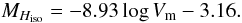 \begin{equation} M_{H_{\rm iso}} = -8.93 \log V_{\rm m} - 3.16. \label{eq_TFR1} \end{equation}