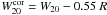 \hbox{$W_{20}^{\rm cor} = W_{20} - 0.55~R$}