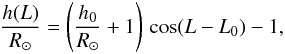 \begin{equation} \frac{h(L)}{\Rsun} = \left( \frac{h_0}{\Rsun} + 1 \right) \, \cos(L - L_0) - 1, \label{eqn:h_profile} \end{equation}