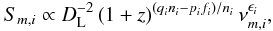 \begin{equation} S_{m,i}\propto D_{\rm L}^{-2}\left(1+z\right)^{(q_in_i-p_if_i)/n_i}\nu_{m,i}^{\epsilon_{i}}, \label{smnum} \end{equation}