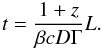 \begin{equation} t=\frac{1+z}{\beta cD\Gamma}L. \label{t1} \end{equation}