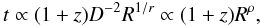 \begin{equation} t\propto(1+z)D^{-2}R^{1/r}\propto (1+z)R^\rho, \label{time} \end{equation}