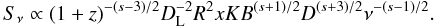 \begin{equation} S_\nu\propto (1+z)^{-(s-3)/2}D_{\rm L}^{-2}R^2xKB^{(s+1)/2}D^{(s+3)/2}\nu^{-(s-1)/2}. \label{su} \end{equation}