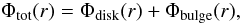 \begin{equation} \Phi_{\rm tot}(r)=\Phi_{\rm disk}(r)+\Phi_{\rm bulge}(r), \label{eqn:Phi_bar} \end{equation}