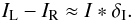 \begin{equation} \centering I_\mathrm{L} - I_\mathrm{R} \approx I* \delta_\mathrm{I}. \label{eq:intdiff2} \end{equation}