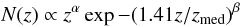 \begin{equation} N(z)\propto z^\alpha\exp{-(1.41z/z_{\rm med})^\beta} \end{equation}