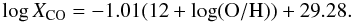 \begin{equation} \log X_{\rm CO} = -1.01 (12 + \log({\rm O/H})) + 29.28. \end{equation}
