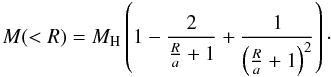 \appendix \setcounter{section}{1} \begin{equation} \label{hernquistmass} M(<R) = M_{\rm{H}} \left(1 - \frac{2}{\frac{R}{a} + 1} + \frac{1}{\left(\frac{R}{a} + 1\right)^2}\right) \cdot \end{equation}