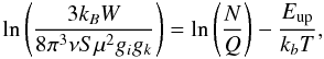\begin{equation} \ln \left(\frac{3k_{B}W}{8\pi^{3}\nu S\mu^{2}g_{i}g_{k}}\right) = \ln \left(\frac{N}{Q}\right) - \frac{E_{\rm up}}{k_{b}T}, \end{equation}