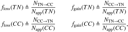 \begin{eqnarray} \label{eq:miscratios} \begin{array}{llll} f_{\rm loss}(TN) &\triangleq \frac{N_{\rm TN\rightarrow CC}}{N_{\rm app}(TN)} & f_{\rm gain}(TN) &\triangleq \frac{N_{\rm CC\rightarrow TN}}{N_{\rm app}(TN)}\\ f_{\rm loss}(CC) &\triangleq \frac{N_{\rm CC\rightarrow TN}}{N_{\rm app}(CC)} & f_{\rm gain}(CC) &\triangleq \frac{N_{\rm TN\rightarrow CC}}{N_{\rm app}(CC)}, \end{array} \end{eqnarray}