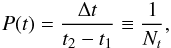 \begin{equation} \label{eq:tprior} P(t) = \frac{\Delta t}{t_2-t_1} \equiv \frac{1}{N_{t}}, \end{equation}