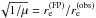\hbox{$\sqrt{1/\mu} = r_{\rm e}^{\mathrm{(FP)}}/r_{\rm e}^{\mathrm{(obs)}}$}