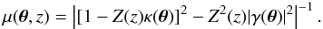 \begin{equation} \label{magnification} \mu(\vec{\theta},z) = \left|[1 - Z(z)\kappa(\vec{\theta})]^2 - Z^2(z)|\gamma(\vec{\theta})|^2\right|^{-1}. \end{equation}
