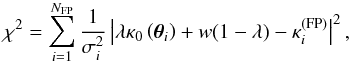 \begin{equation} \label{chisq} \chi^2 = \sum_{i=1}^{N_{\mathrm{FP}}}\frac{1}{\sigma_i^2}\left|\lambda\kappa_0\left(\vec{\theta}_i\right) + w(1 - \lambda) - \kappa_i^{\mathrm{(FP)}}\right|^2, \end{equation}