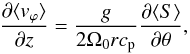 \begin{equation} \label{eq:TW_bal_baroclin} \frac{\partial\langle v_\varphi \rangle}{\partial z} = \frac{g}{2\Omega_0 r c_{\rm p}} \frac{\partial\langle S\rangle}{\partial\theta}, \end{equation}