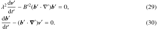 \begin{eqnarray} \label{motionAlfrefvent_reduced} && \lambda^2 \frac{\mathrm{d} \vec{v}'}{ {\mathrm{d}} t'} -B'^2 (\vec{b}'\cdot\nabla') \vec{b}'=0, \\ \label{inducdsurdt_3} && \frac{{\rm d} {\vec{b}}' }{{\rm d} t'} - ({\vec{b}}' \cdot {\boldsymbol{\nabla}}') {\vec{v}}' = 0. \end{eqnarray}