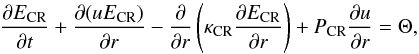 \begin{equation} {\d \Ecr\over\dt}+{\d(u\Ecr)\over\dr} - {\d\over\dr}\left(\kcr {\d \Ecr\over\dr}\right) + \Pcr{\du\over\dr} = \Theta, \label{crtrans} \end{equation}