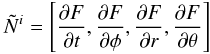 \appendix \setcounter{section}{1} \begin{equation} \label{normal-photosphere} {\tilde N}^i = \left[\frac{\partial F}{\partial t}, \frac{\partial F}{\partial \phi}, \frac{\partial F}{\partial r}, \frac{\partial F}{\partial \theta} \right] \end{equation}