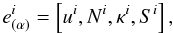 \begin{equation} \label{tetrad} e^i_{(\alpha)} = \left[u^i,N^i,\kappa^i,S^i\right], \end{equation}