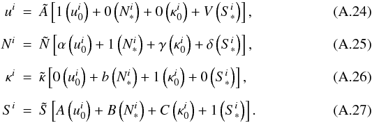 \appendix \setcounter{section}{1} \begin{eqnarray} \label{final-tetrad-u} u^i &=& {\tilde A}\left[1 \left(u_0^i\right) + 0 \left(N_*^i\right) + 0 \left(\kappa_0^i\right) + V \left(S_*^i\right)\right], \\[1.5mm] \label{final-tetrad-N} N^i &=& {\tilde N}\left[\alpha \left(u_0^i\right) + 1 \left(N_*^i\right) + \gamma \left(\kappa_0^i\right) + \delta \left(S_*^i\right)\right], \\[1.5mm] \label{final-tetrad-K} \kappa^i &=& {\tilde \kappa} \left[0 \left(u_0^i\right) + b \left(N_*^i\right) + 1 \left(\kappa_0^i\right) + 0 \left(S_*^i\right)\right], \\[1.5mm] \label{final-tetrad-S} S^i &=& {\tilde S} \left[A \left(u_0^i\right) + B \left(N_*^i\right) + C \left(\kappa_0^i\right) + 1 \left(S_*^i\right)\right]. \end{eqnarray}