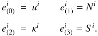 \begin{eqnarray} \label{e.comtetrad} e^i_{(0)} &=& u^i \qquad e^i_{(1)}=N^i\nonumber\\[1.5mm] e^i_{(2)} &=& \kappa^i \qquad e^i_{(3)}= S^i. \end{eqnarray}