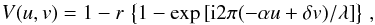 \begin{equation} V(u,v)=1-r\,\left\{1-\exp \left[{\rm i} 2 \pi (-\alpha u + \delta v)/\lambda\right]\right\} \, , \label{eq} \end{equation}