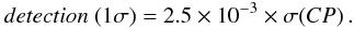 \begin{equation} detection\ (1\sigma)= 2.5\times10^{-3} \times \sigma(CP) \, . \label{dyn} \end{equation}