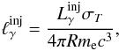 \begin{eqnarray} \label{lgg} \lginj={{L_\gamma^{\rm inj}\sigma_T}\over {4\pi R\melec c^3}}, \end{eqnarray}