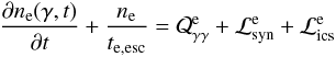 \begin{eqnarray} {{\partial\nelec(\gamma,t)}\over{\partial t}}+ {{\nelec}\over{\teesc}}= \cal{Q}^{\rm e}_{\gamma\gamma} +\cal{L}^{\rm e}_{\rm syn} +\cal{L}^{\rm e}_{\rm ics} \end{eqnarray}
