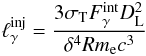 \begin{eqnarray} \lginj={{3\sigma_{\rm T} F^{\rm int}_{\gamma} D_{\rm L}^2}\over{\delta^4 R\melec c^3}} \end{eqnarray}