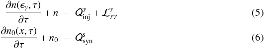 \begin{eqnarray} \label{gammaray} \frac{\partial n(\egamma,\tau)}{\partial \tau} +n&=& \cal{Q}^{\gamma}_{\rm inj}+\cal{L}^{\gamma}_{\gamma \gamma} \\ \label{soft} \frac{\partial n_0(x,\tau)}{\partial \tau} +n_0 &=& \cal{Q}^{\rm s}_{\rm syn} \end{eqnarray}